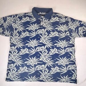 Robert Stock Mens Blue Floral Tropic Polo Shirt Large Short Sleeve Viscose Blend